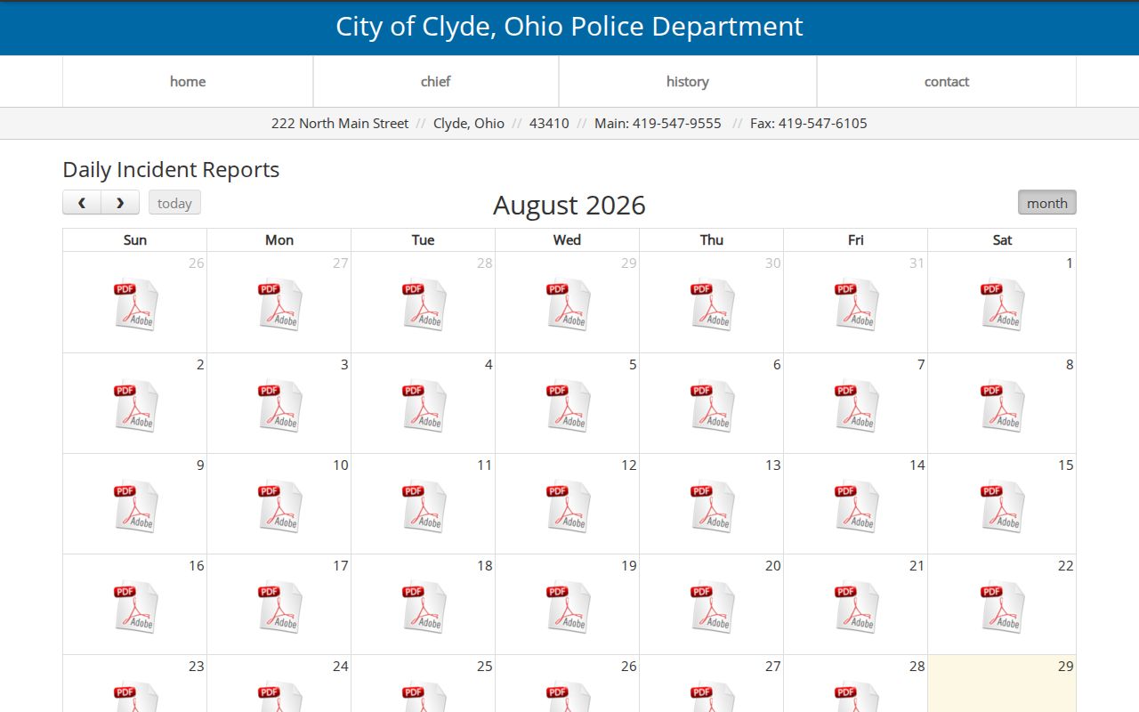 Clyde Police Department daily incident-report calendar for Clyde arrest records