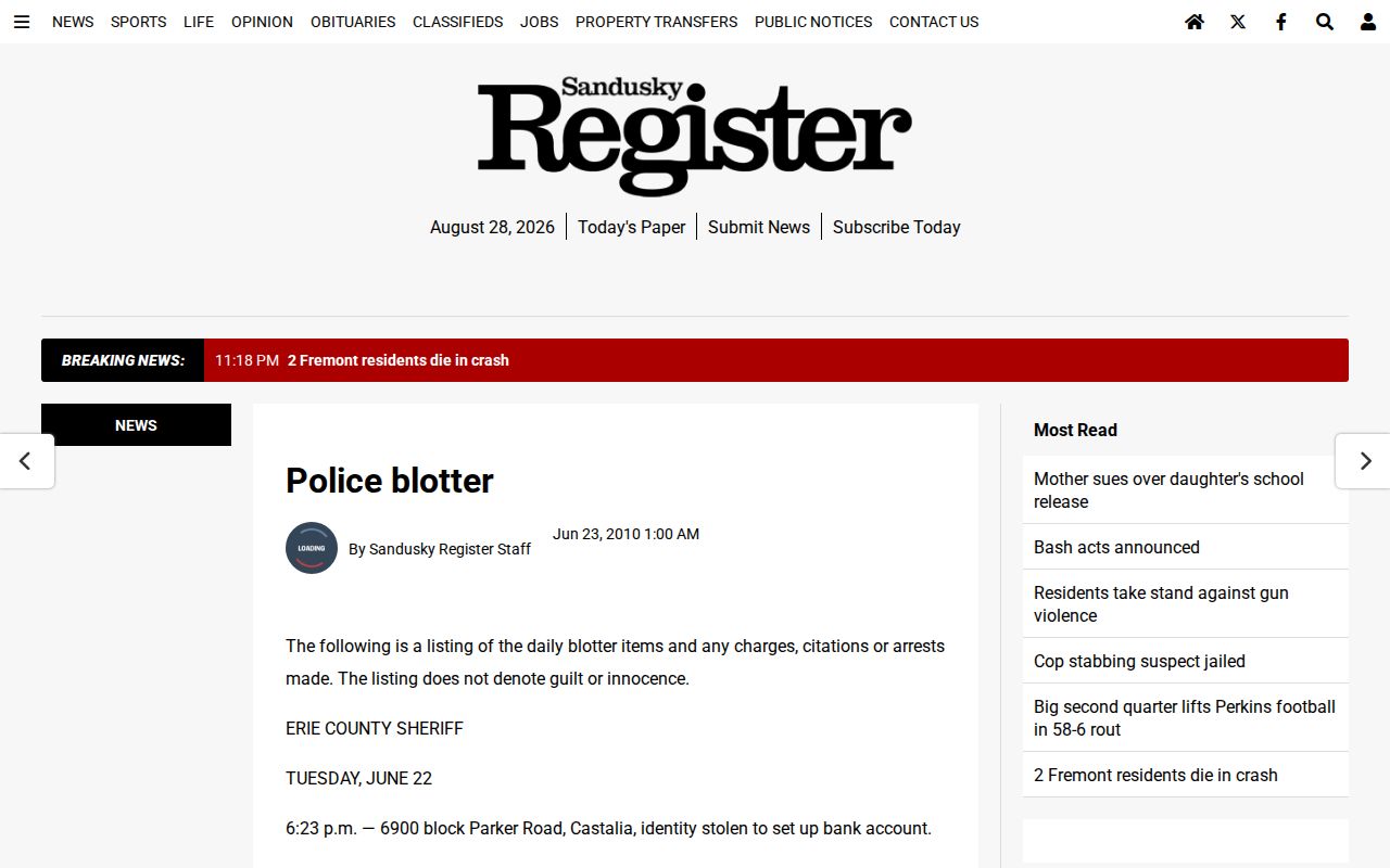 Sandusky County regional police blotter news source