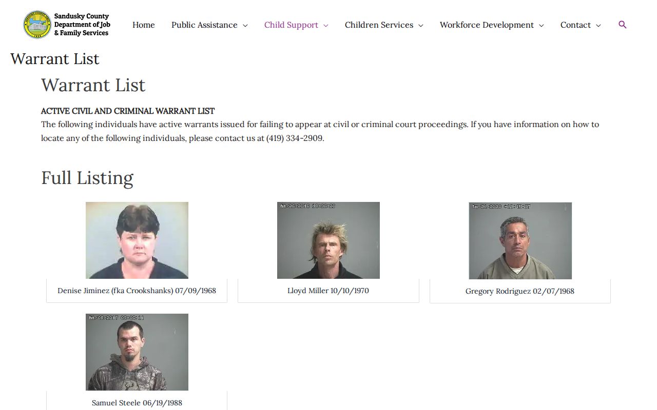 Sandusky County DJFS warrant list official warrant information source